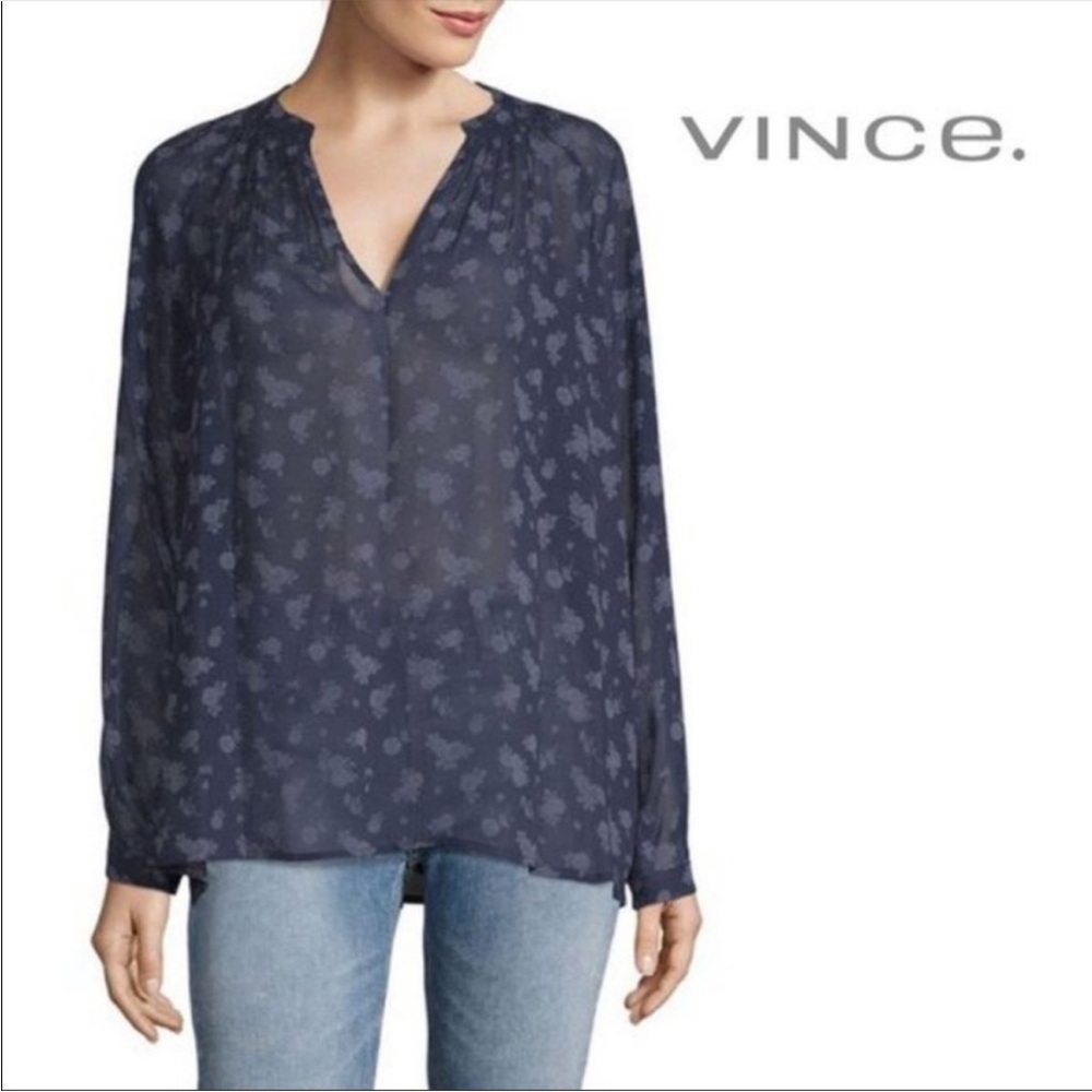 VINCE Calico Silk Floral Pleat V Neck Balloon Long Sleeve Coastal Blue Blouse M